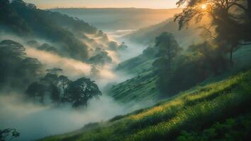 Misty Valley with Forest at Sunrise photo