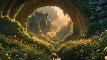 Stone Bridge with Green Foliage and Sunlight photo