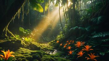 Sunlight Through Tropical Jungle with Orange Flowers photo