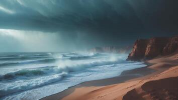 Stormy Sea Coast with Cliffs and Beach photo