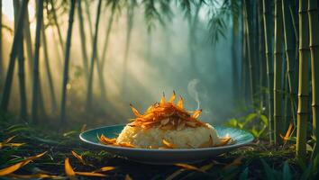 Rice Dish with Fried Garlic in a Bamboo Forest photo