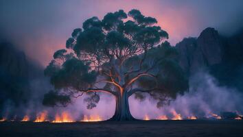 Majestic Tree in Landscape with Fire and Mountain photo