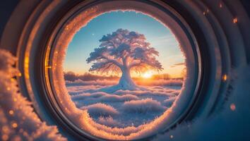 Snow Covered Tree at Sunset Through Circular Frame photo