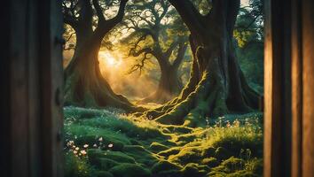 Enchanted Forest with Moss and Sunlight photo