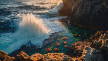 Ocean Wave Crashing on Rocky Coast with Tide Pool photo