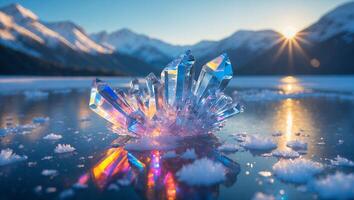 Crystal on Frozen Lake with Mountains and Sunrise photo
