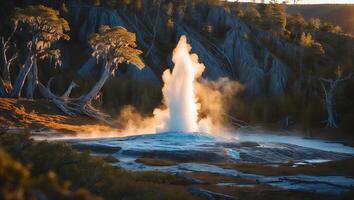 Geyser Eruption in Mountain Landscape Scenery photo