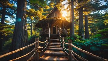 Treehouse Hidden in the Forest at the Top of the Stairs photo