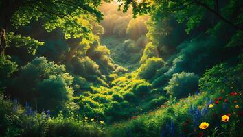 Sunlit Forest Meadow with Wildflowers photo