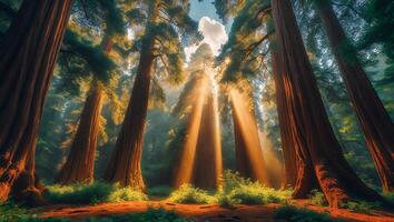 Sequoia Trees in Forest with Sunlight Streaming Through photo