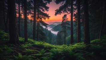 Forest Scenery with Fog and Sunset photo