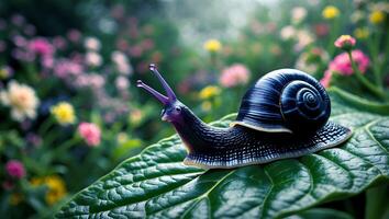 Snail on Leaf with Flower Garden Background photo