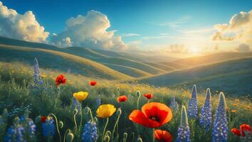 Flower Field with Poppy and Lupine at Sunset photo