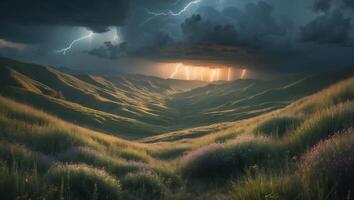 Lightning Strikes Over Grassy Hills Landscape photo