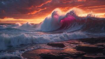 Ocean Wave at Sunset with Rocks on Shore photo