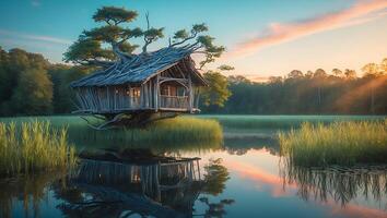 Treehouse on Lake at Sunset with Reflection photo