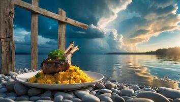 Lamb Chop with Saffron Rice on Beach During Sunset photo