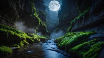 River in Canyon with Moss and Moon photo