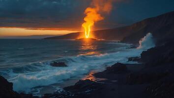 Volcanic Eruption Over Ocean Waves at Sunset Coastline photo