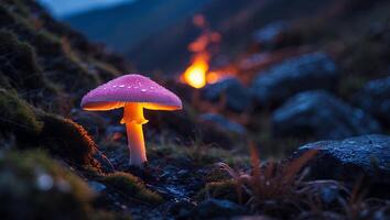 Pink Mushroom Glows in Dark Mountain Scenery photo
