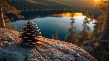 Pine Cone on Rock with Lake Sunset View photo