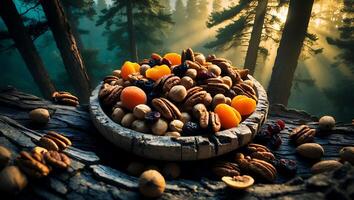 Mixed Nuts and Dried Fruit in Wooden Bowl with Forest Backdrop photo
