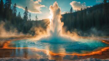 Geyser Erupting at Sunset with Colorful Water and Forest Scenery photo