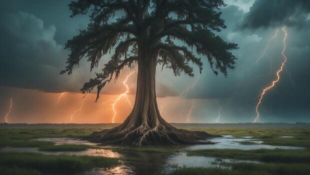 Tree Struck by Lightning in Grassy Swamp photo