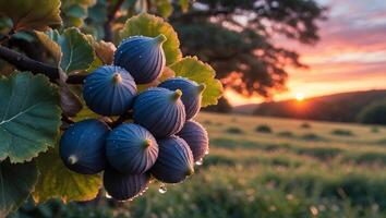 Fresh Fig Fruit on Branch at Sunset in Meadow photo