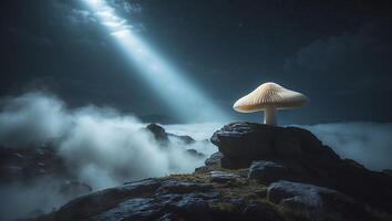 Mushroom Stands on Rock in Fog Under Light Beam at Night photo