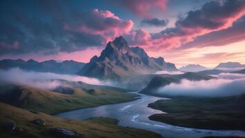 Mountain Landscape with River and Pink Clouds photo