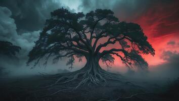Majestic Tree with Roots in Misty Landscape photo