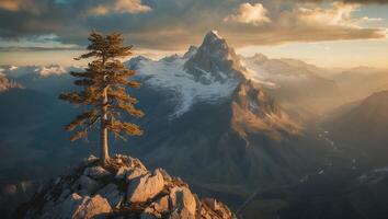 Mountain View with Pine Tree on Rocks in Golden Light photo