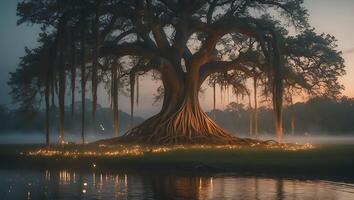 Majestic Tree at Waterside with Lights photo