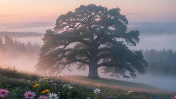Tree in Foggy Field with Flowers Landscape photo