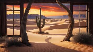 Desert Landscape with Cactus Dunes and Window Frame photo