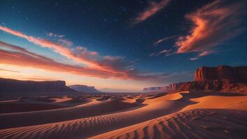 Desert Landscape at Night with Starry Sky and Orange Clouds photo