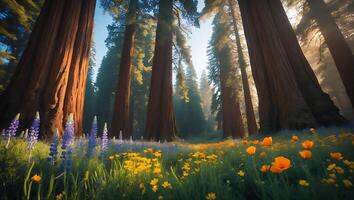 Giant Sequoia Tree Forest with Wildflowers Landscape View photo