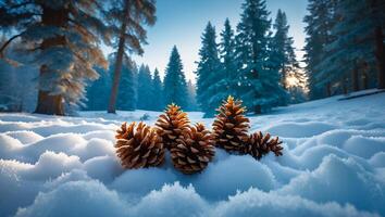 Pine Cones in Snow on Forest Floor in Winter photo
