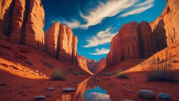 Desert Canyon Landscape with Water Reflection and Blue Sky photo