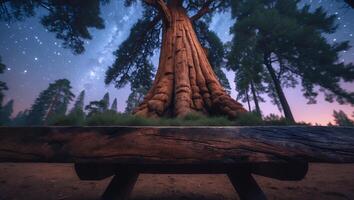 Giant Sequoia Tree in Forest at Night with Stars photo