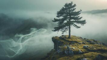 Lone Tree on Cliff Edge in Foggy Mountain Landscape photo