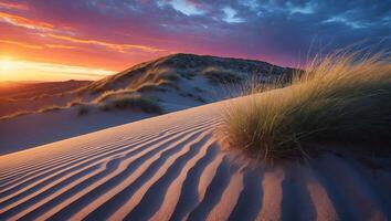 Sand Dune Landscape with Sunset, Sky, and Grass photo