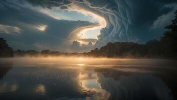 Lake Reflection with Dramatic Sky and Glowing Sunset photo