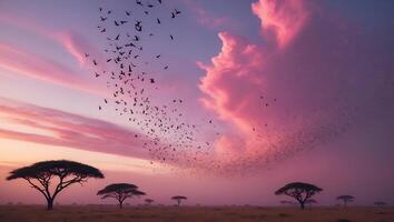 Birds Fly Over Tree Savanna at Dusk photo