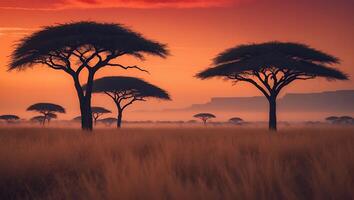 African Landscape with Acacia Trees at Sunset photo
