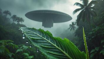 Ufo Over Tropical Rainforest with Leaf and Water Drops photo