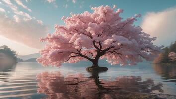 Pink Blossom Tree Reflecting in Lake Water photo