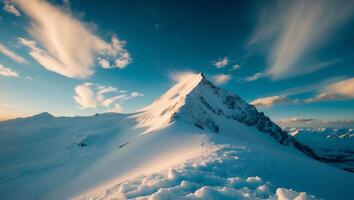 Snow Mountain Under Blue Sky and Clouds at Golden Hour photo