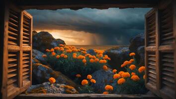 Orange Flower Storm View From Window photo